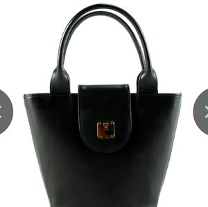 MCM Top Handle Bucket Bag in Black Leather